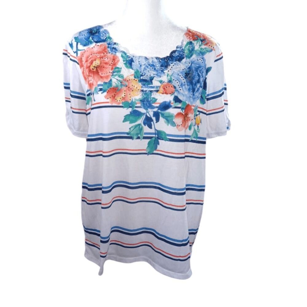 Alfred Dunner Striped Floral Top Women's Sz M  Rhinestone Studs Embellished